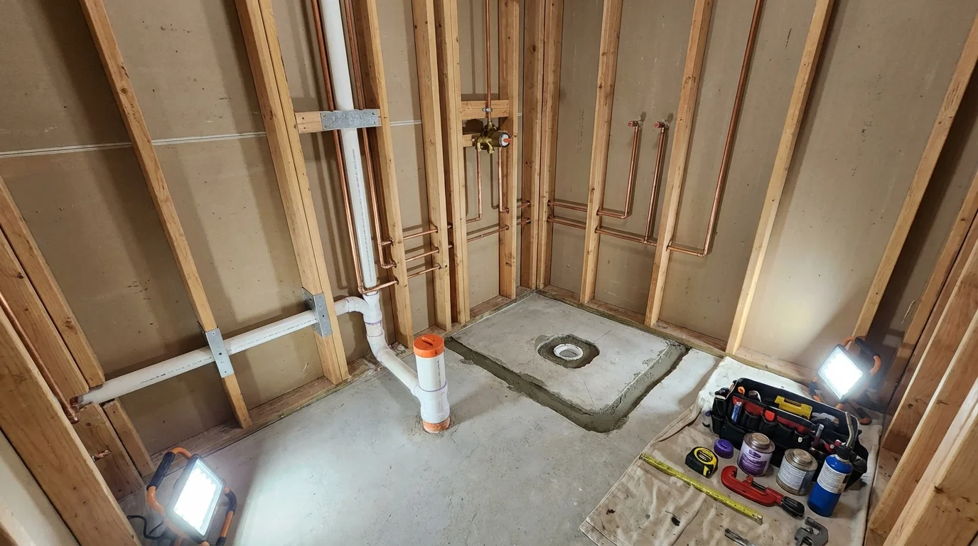 Bathroom rough-in plumbing during remodel by Johns Plumbing LLC in Pinehurst