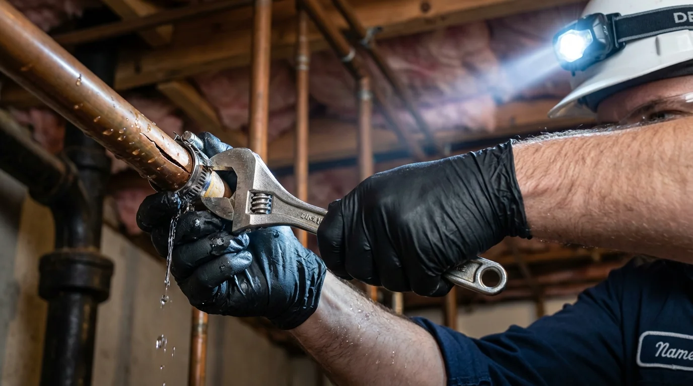 Emergency pipe clamp repair being performed by a Johns Plumbing LLC plumber in Pinehurst