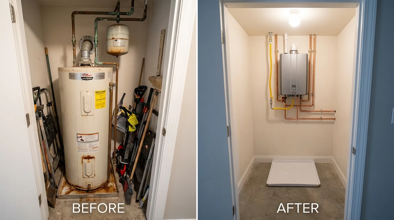Tank water heater versus wall-mounted tankless unit comparison for Pinehurst, TX homeowners