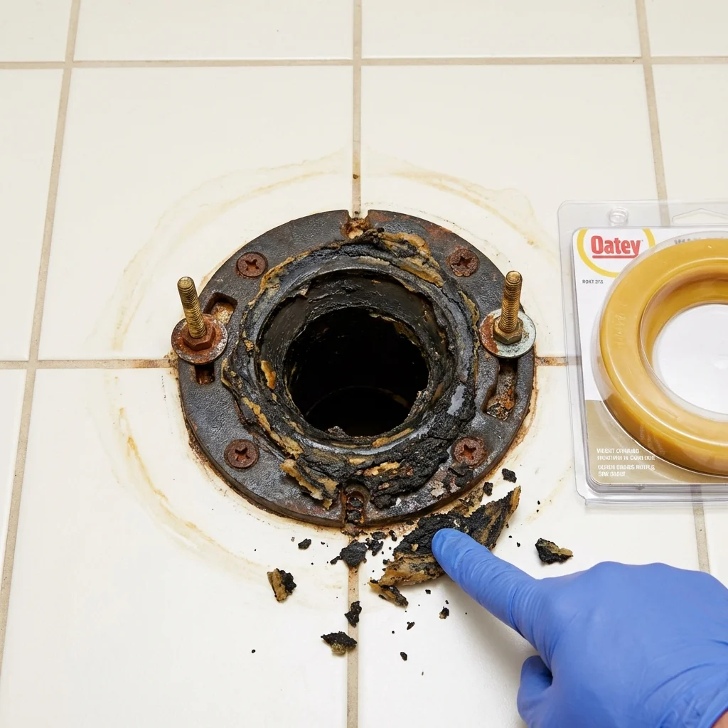 Failed wax ring showing water seepage at the base of a toilet in a Pinehurst, TX home